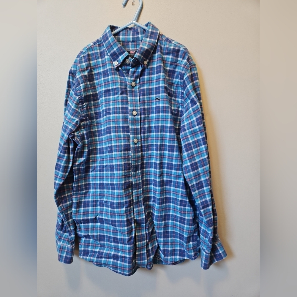 Vineyard Vines Shirt Boys Medium 12-14 Blue Pink Plaid Whale Flannel Button Down